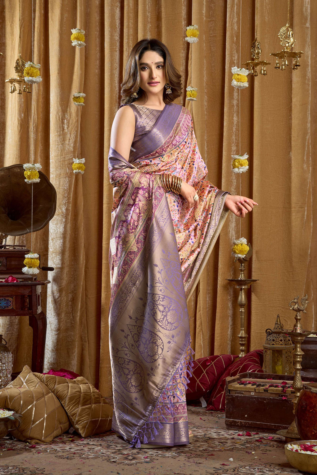 Purple Banarasi Saree with Digital Cluster Print and Blouse