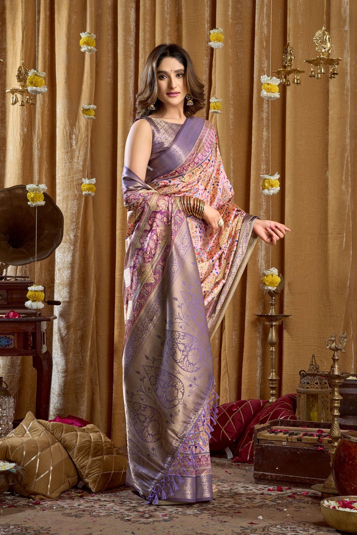 Purple Banarasi Saree with Digital Cluster Print and Blouse