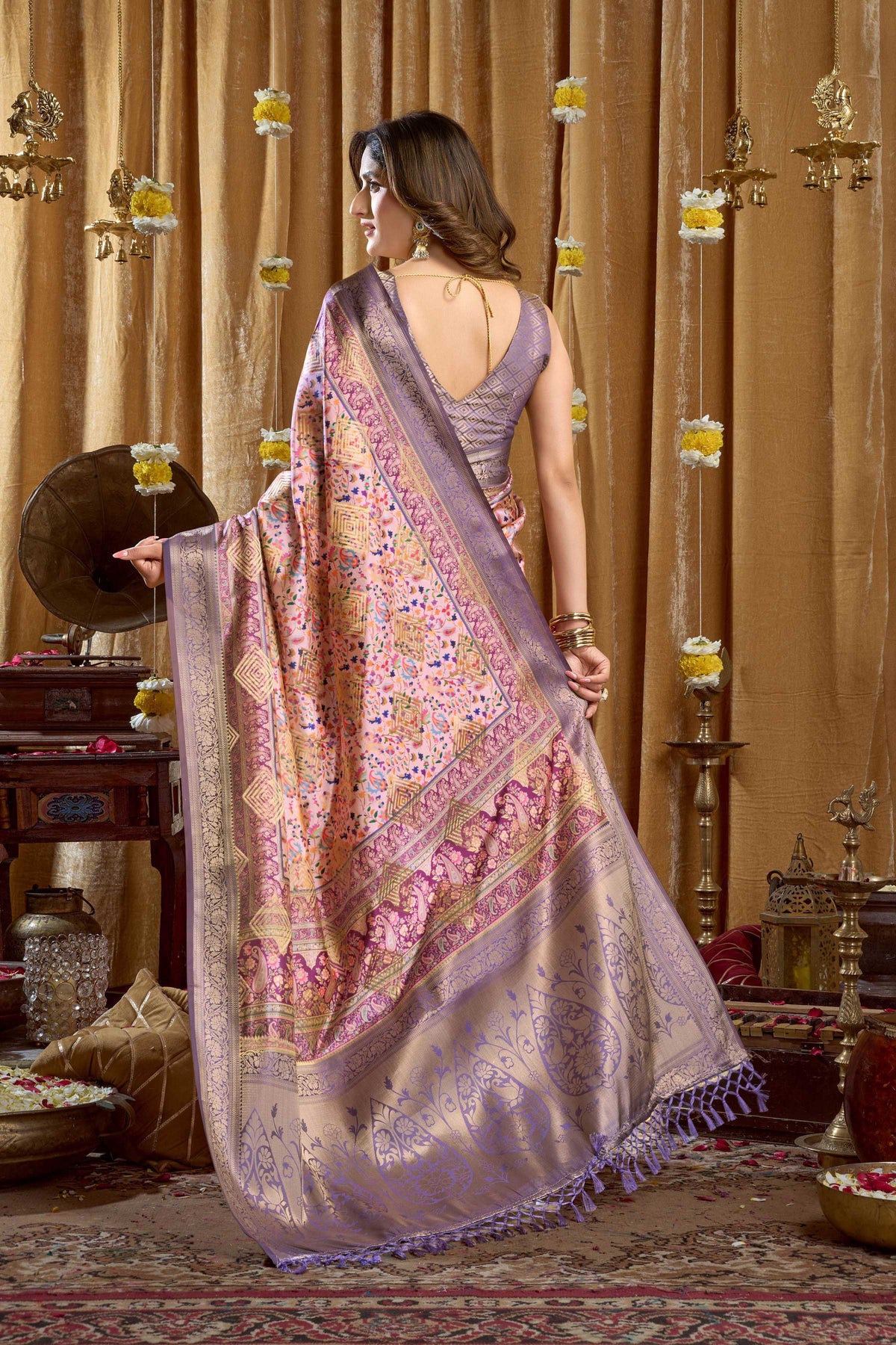 Purple Banarasi Saree with Digital Cluster Print and Blouse