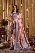Purple Banarasi silk saree with digital cluster print patterns and tassel ends