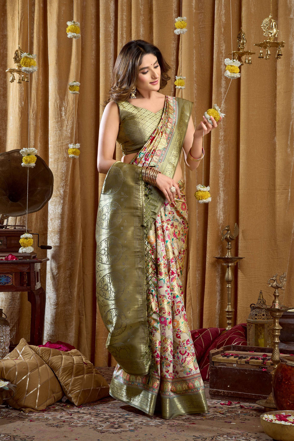 Women's Green Banarasi Digital Cluster Print Saree with Tassels