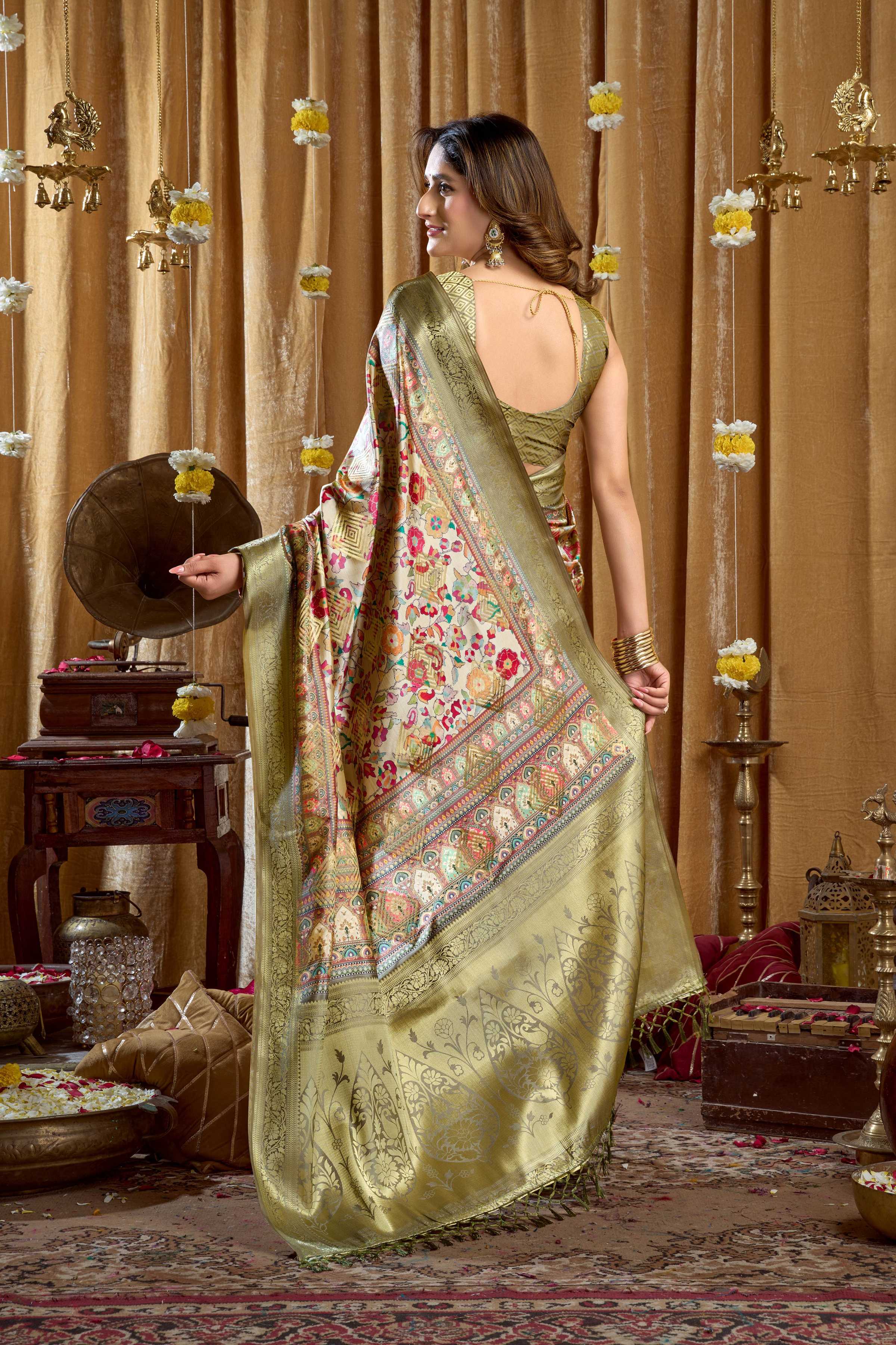 Women's Green Banarasi Digital Cluster Print Saree with Tassels