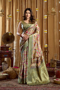 Women's Green Banarasi Digital Cluster Print Saree with Tassels
