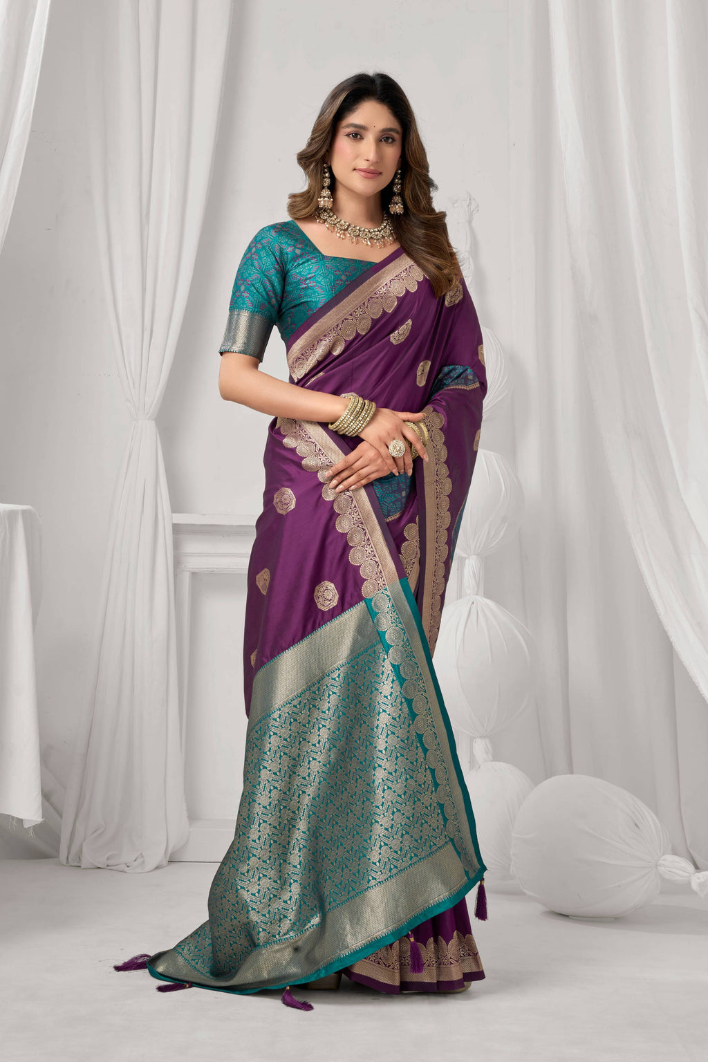 Wine Soft Silk Zari Woven Saree with Matching Blouse