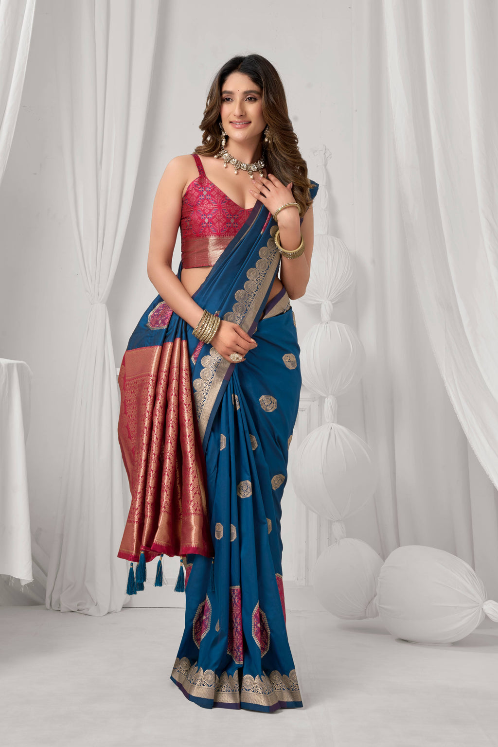 Blue Soft Silk Zari Woven Saree with Matching Blouse