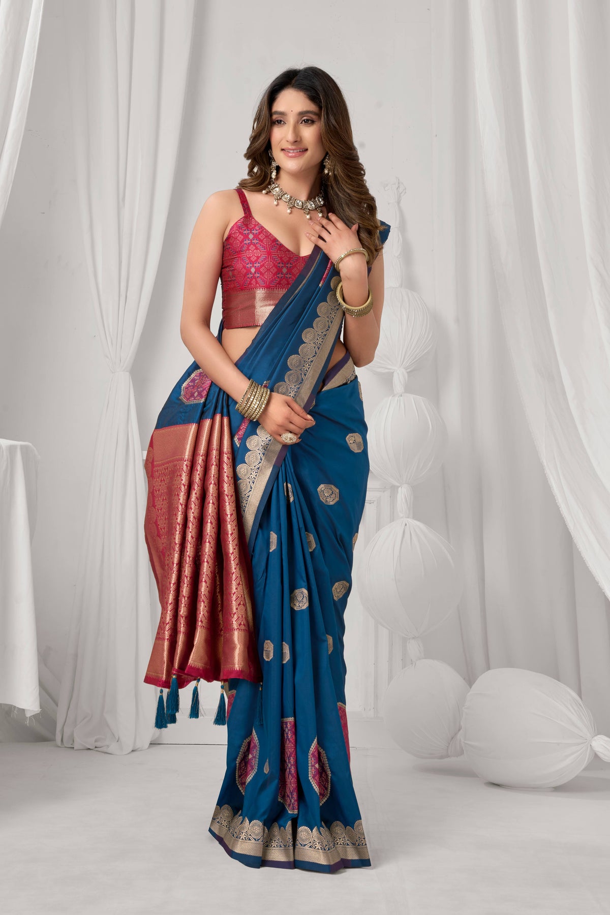 Blue Soft Silk Zari Woven Saree with Matching Blouse