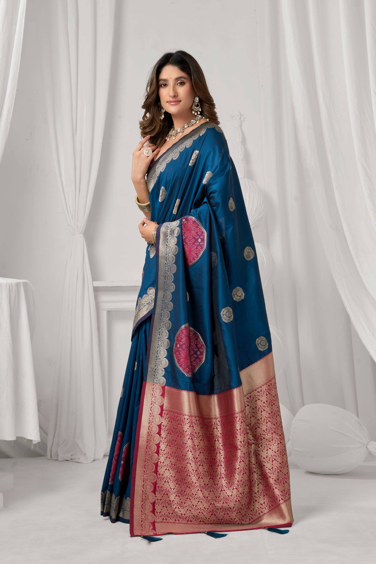 Blue Soft Silk Zari Woven Saree with Matching Blouse