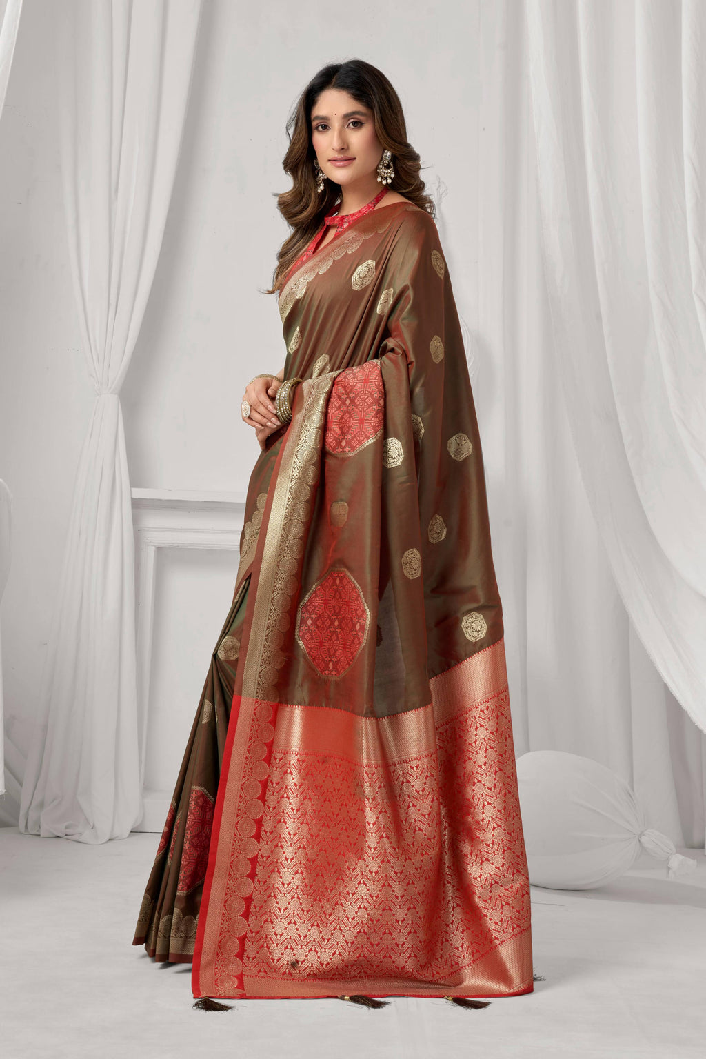 Coffee Soft Silk Saree with Traditional Zari Woven Border