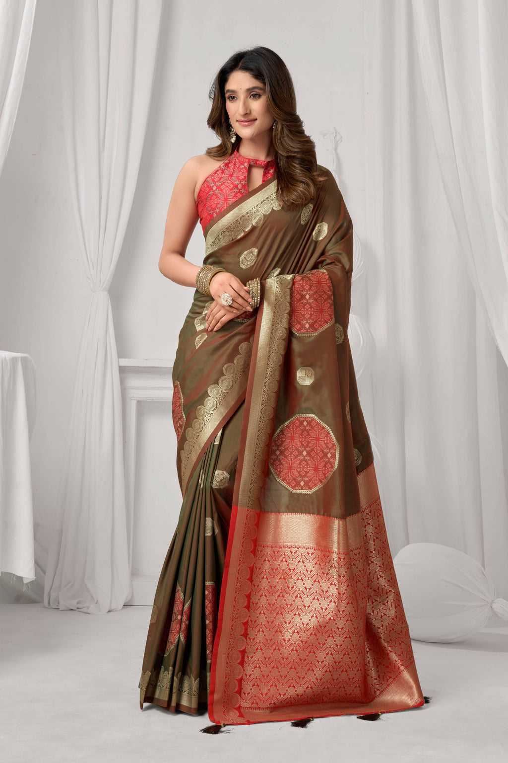 Coffee colored soft silk saree with metallic Zari weaving