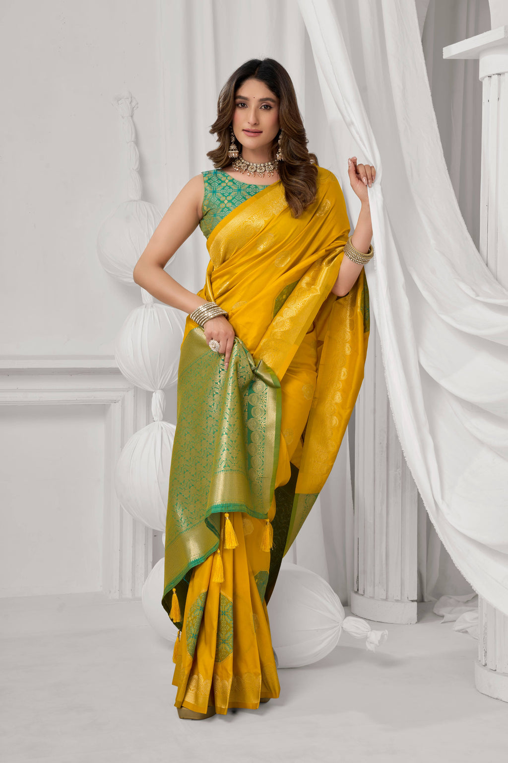 Yellow Soft Silk Saree with Zari Weave and Blouse