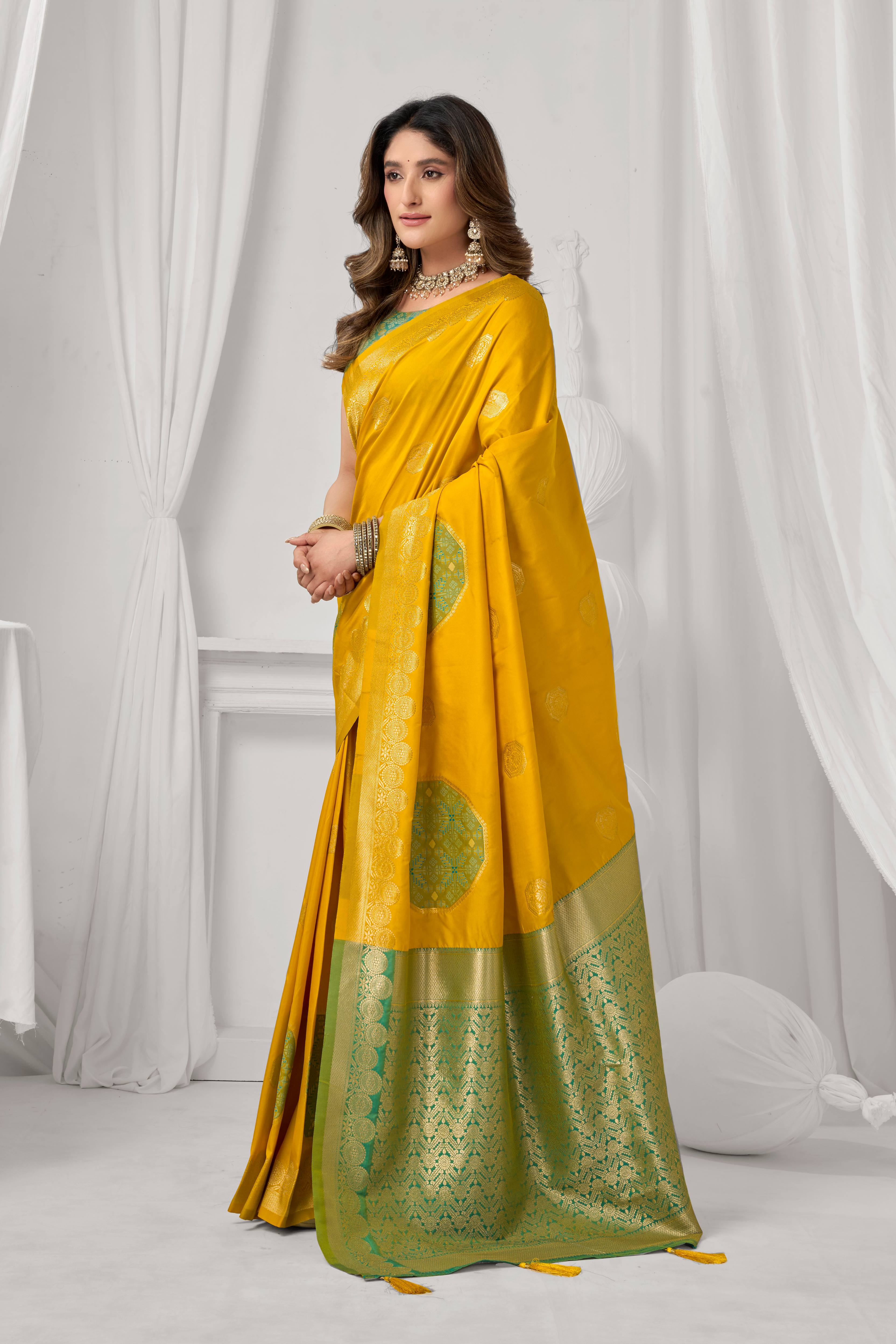 Yellow Soft Silk Saree with Zari Weave and Blouse