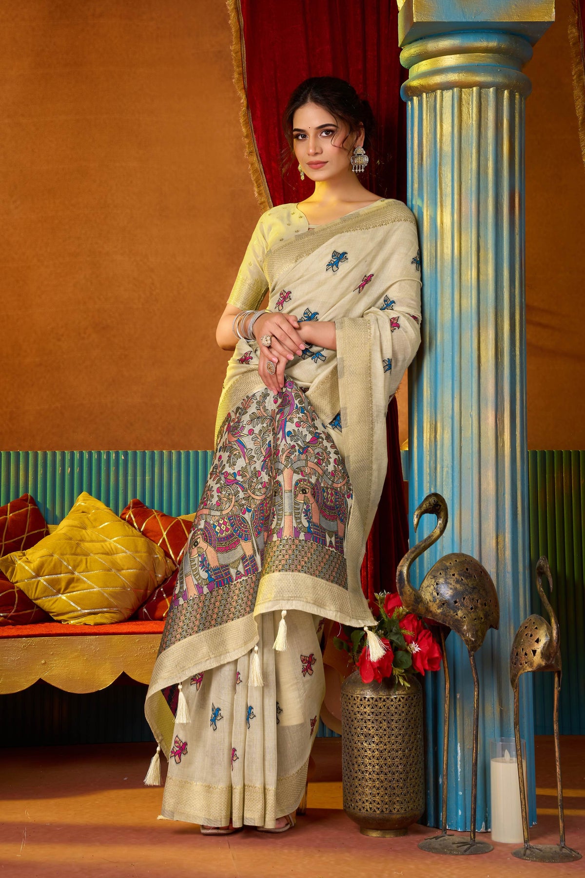 Cream Modal Zari Woven Saree with Matching Blouse
