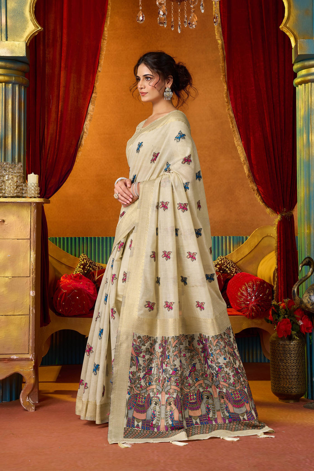 Cream Modal Zari Woven Saree with Matching Blouse