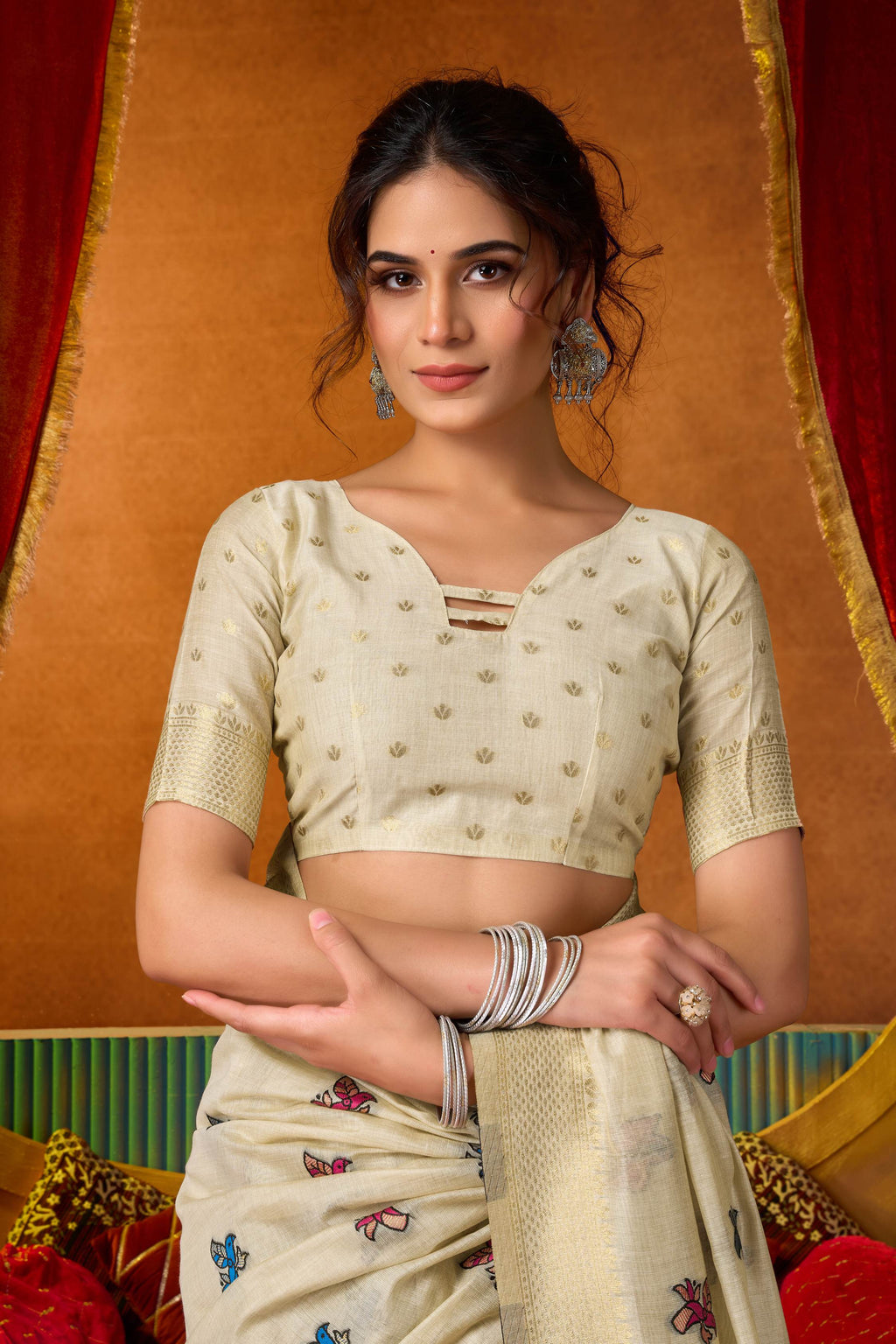 Cream Modal Zari Woven Saree with Matching Blouse