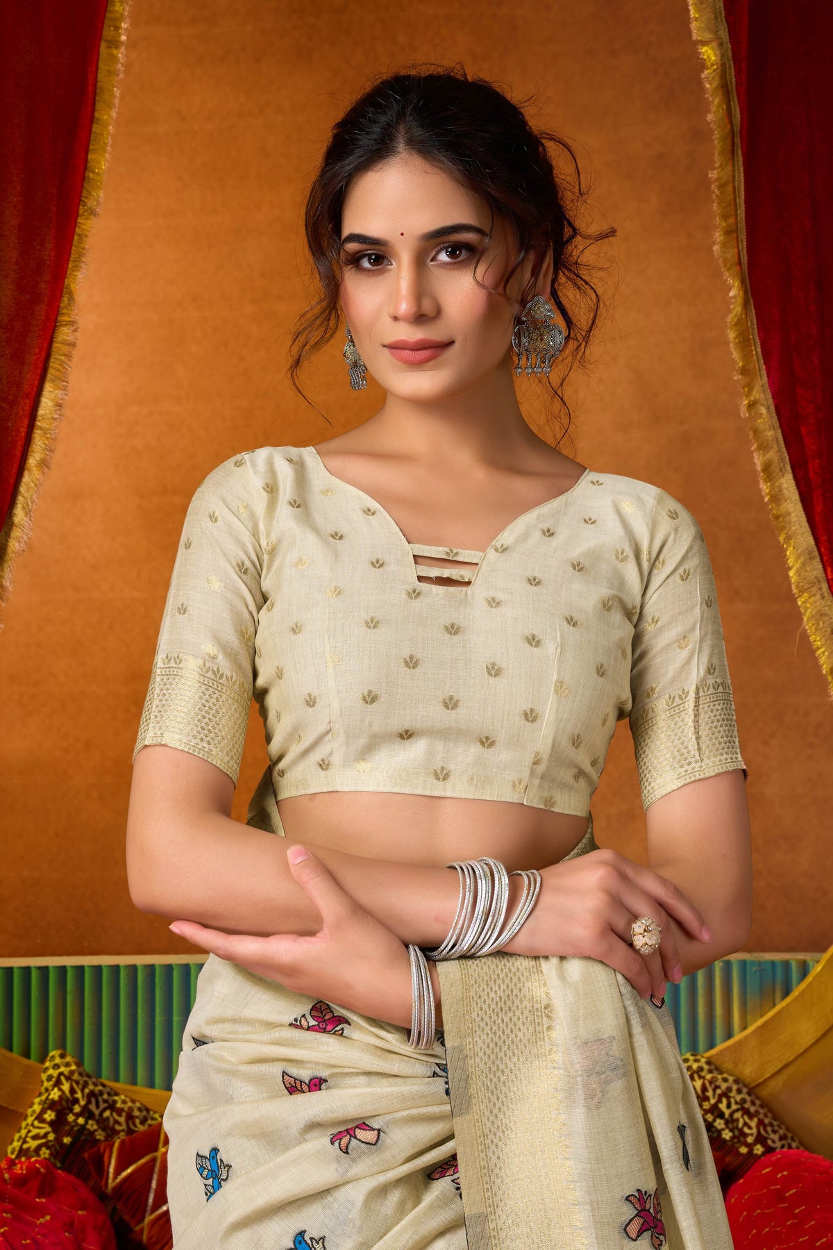 Cream Modal Zari Woven Saree with Matching Blouse