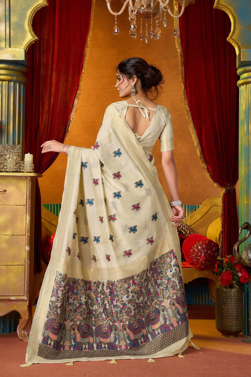 Cream Modal Zari Woven Saree with Matching Blouse