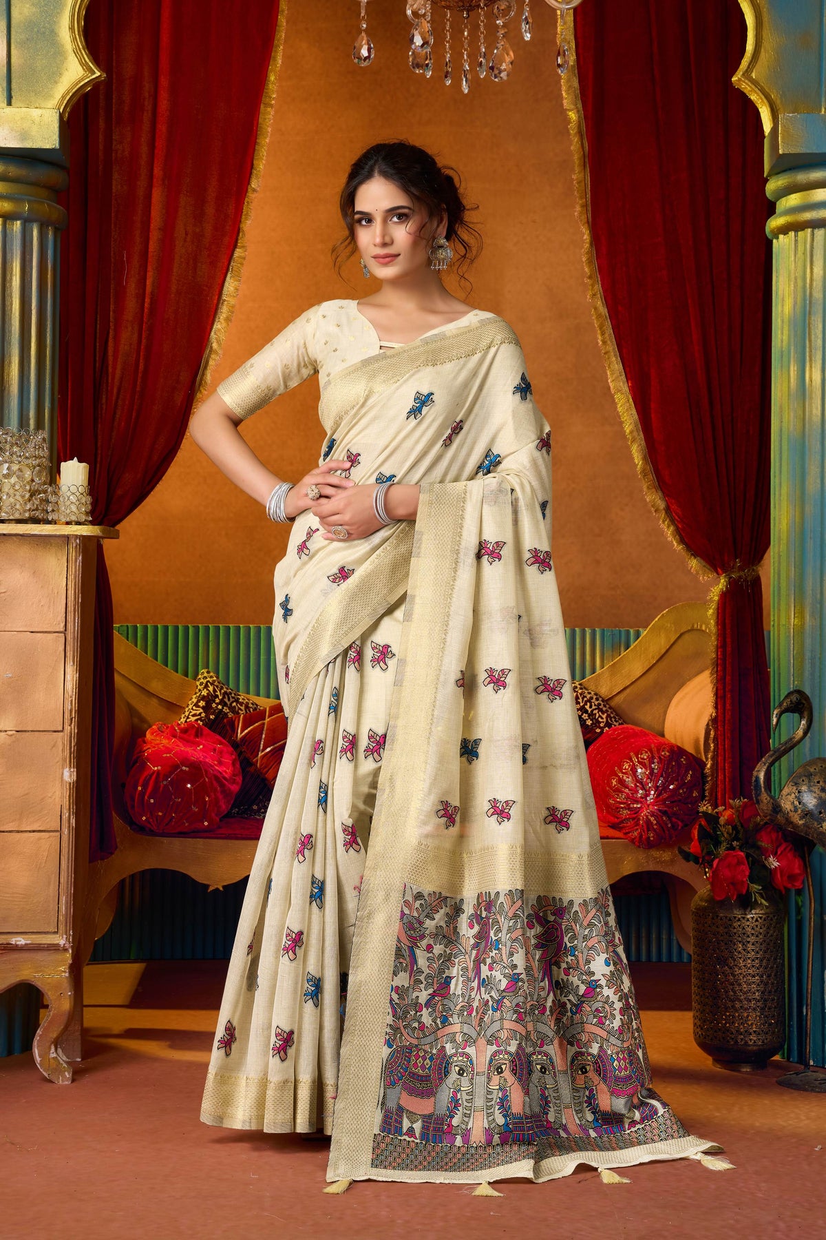 Cream colored Modal saree with fine Zari weaving
