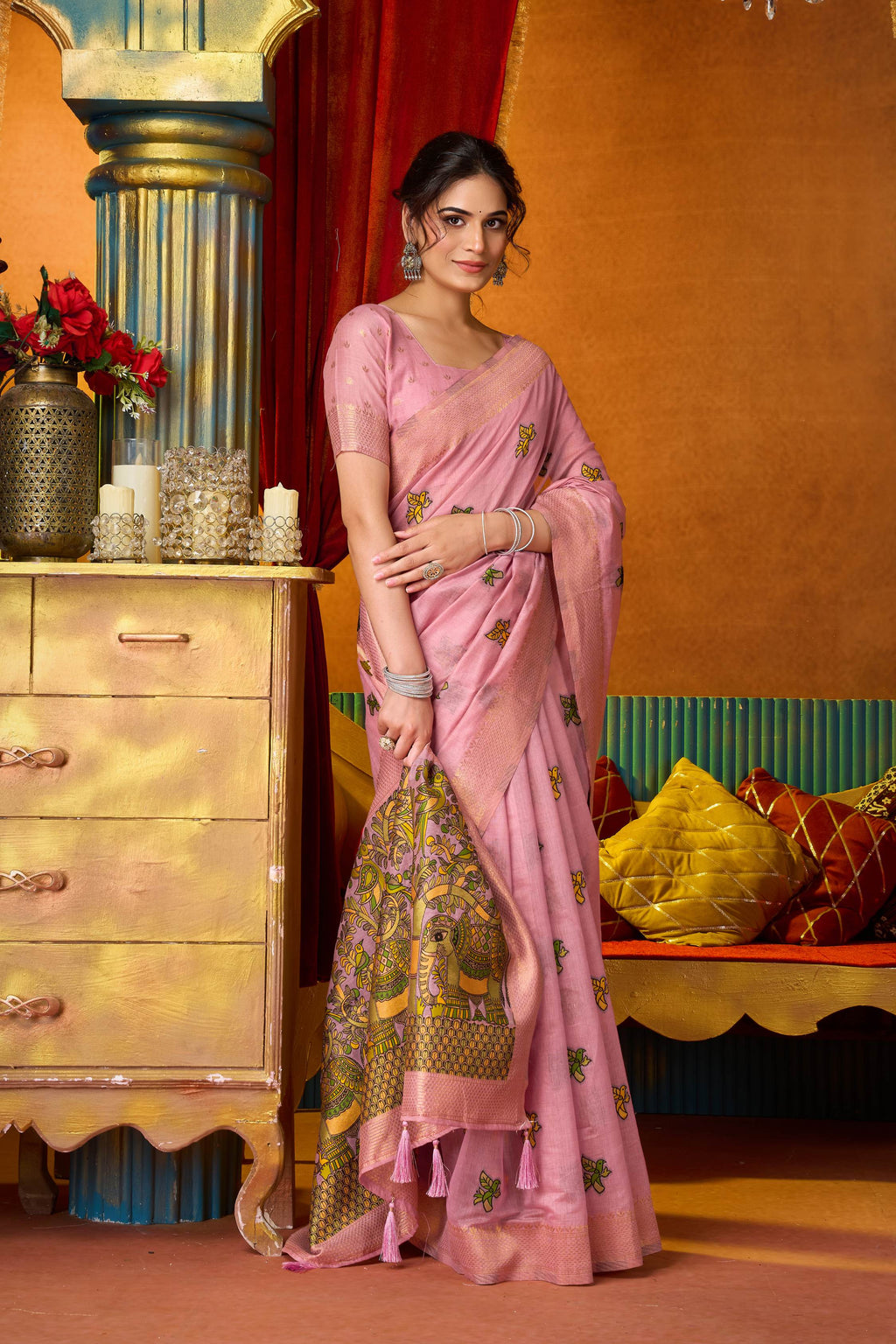 Pink Modal Silk Saree with Zari Woven Details and Blouse
