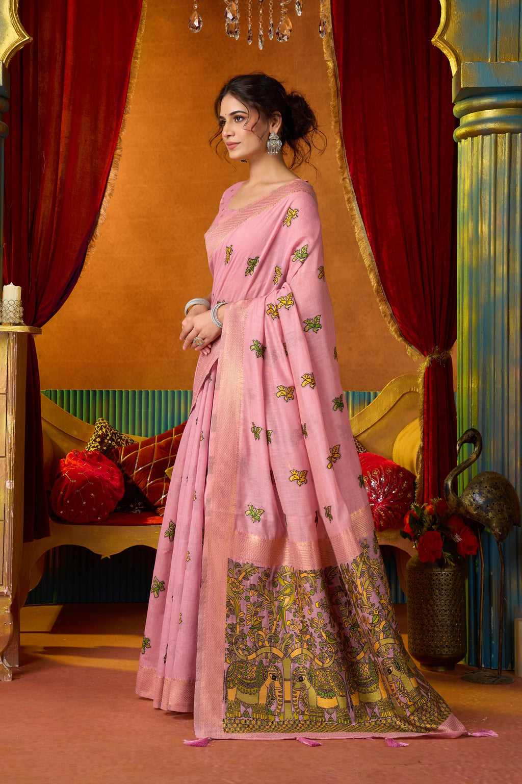 Pink Modal Silk Saree with Zari Woven Details and Blouse