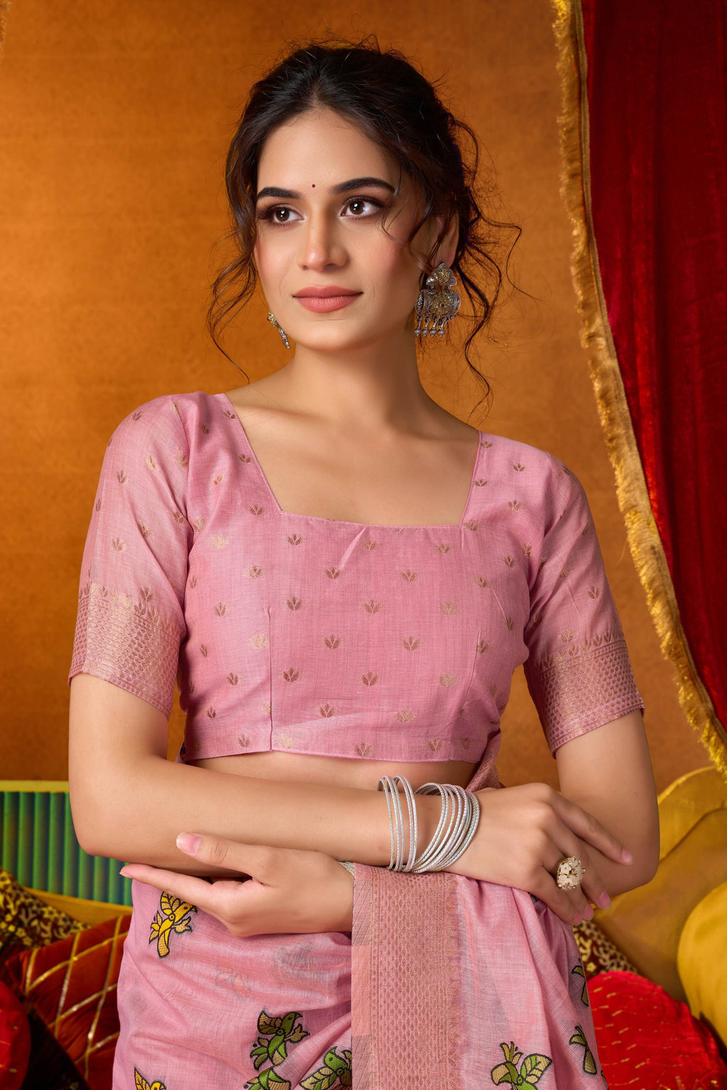 Pink Modal Silk Saree with Zari Woven Details and Blouse