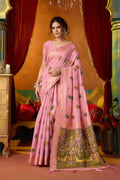 Elegant Pink modal saree with gold zari weaving, paired with a matching blouse.