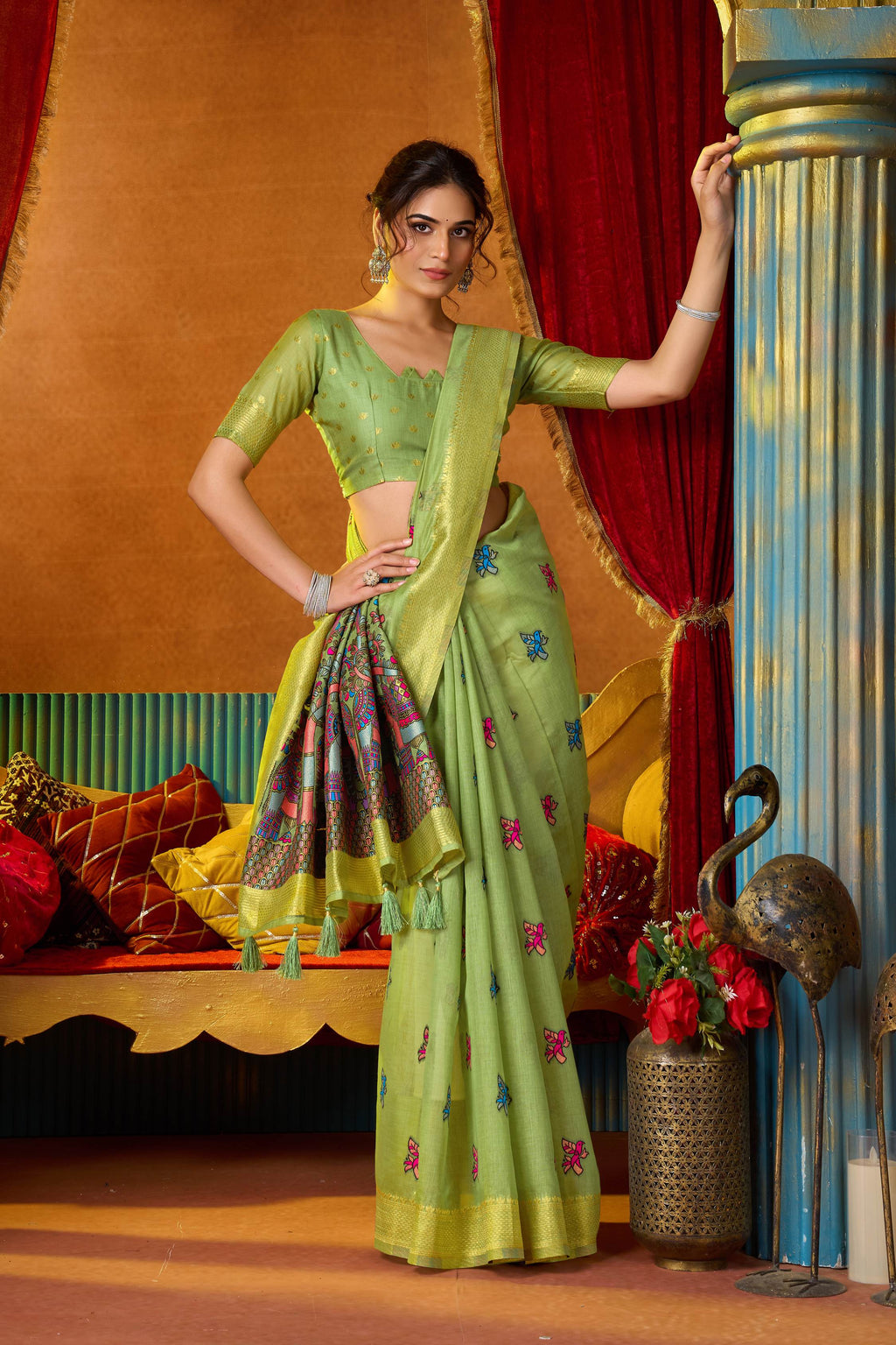 Green Modal Saree with Zari Woven Detail and Matching Blouse