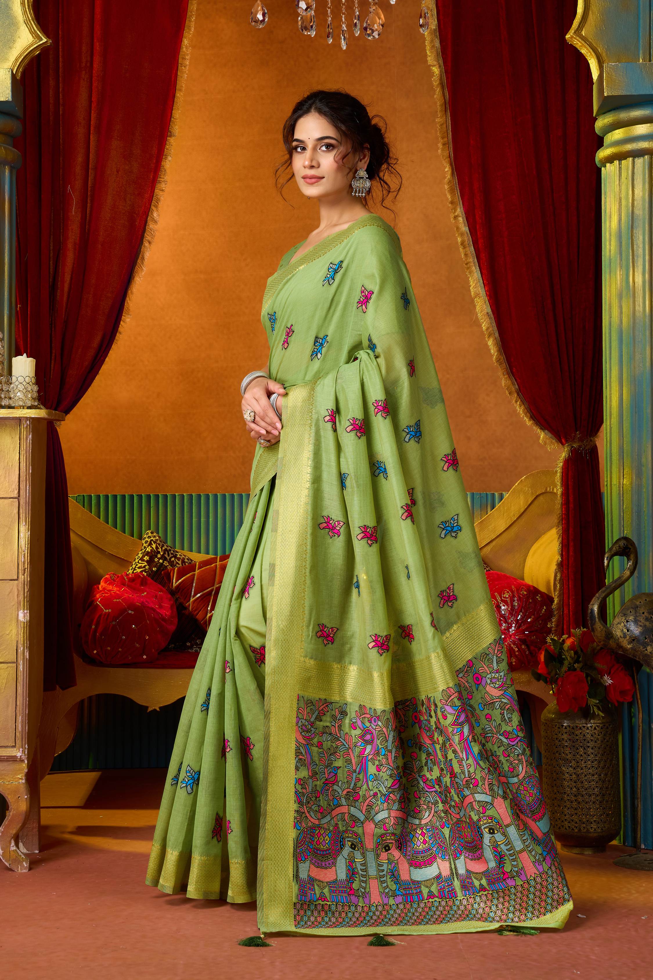 Green Modal Saree with Zari Woven Detail and Matching Blouse