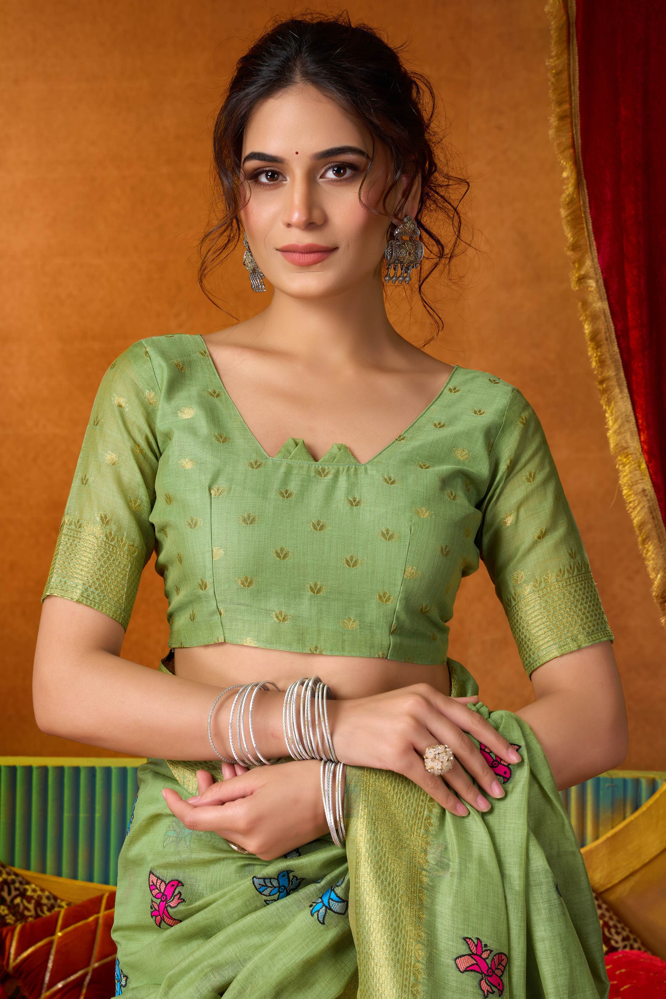 Green Modal Saree with Zari Woven Detail and Matching Blouse
