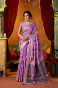 Lavender modal saree with zari woven details and matching blouse piece