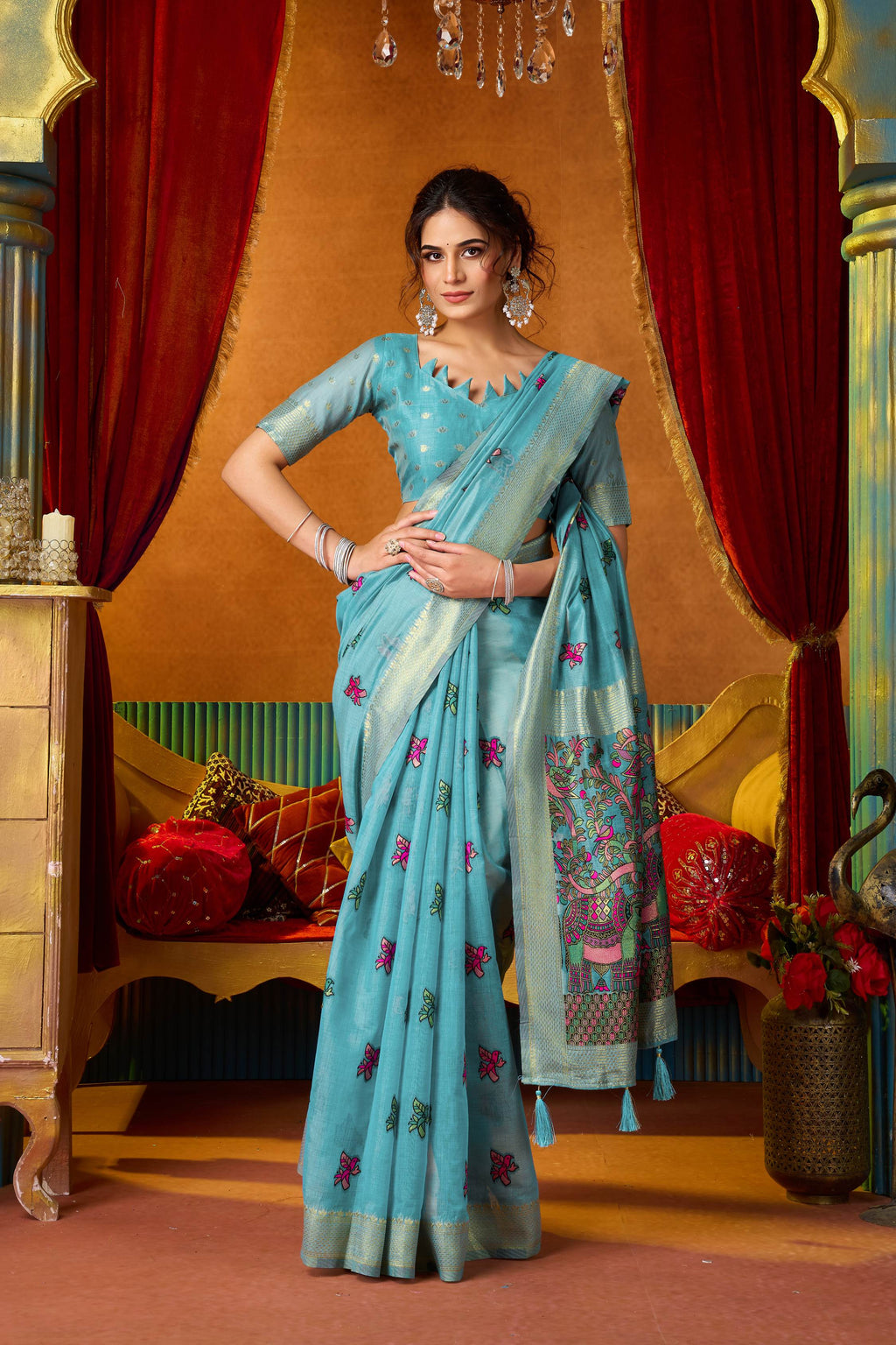 Turquoise Modal Zari Woven Saree with Unstitched Blouse Piece