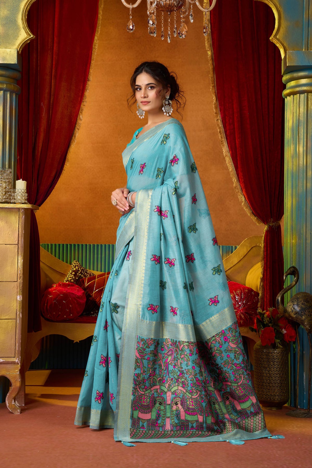 Turquoise Modal Zari Woven Saree with Unstitched Blouse Piece