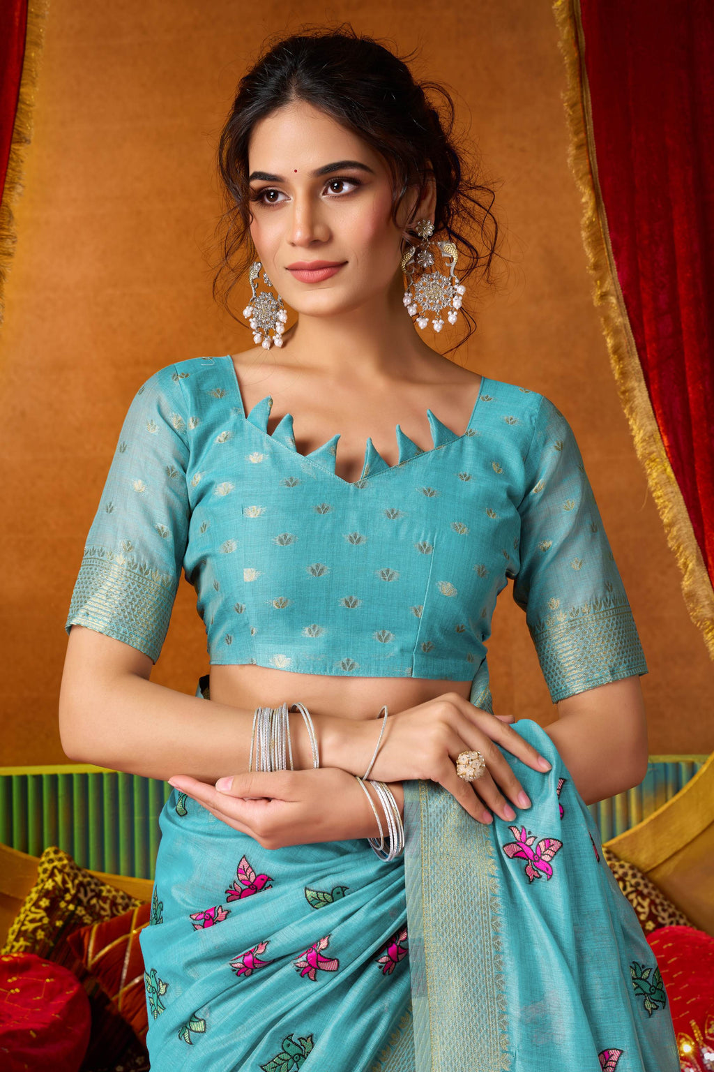 Turquoise Modal Zari Woven Saree with Unstitched Blouse Piece