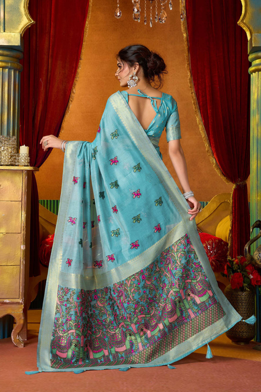 Turquoise Modal Zari Woven Saree with Unstitched Blouse Piece