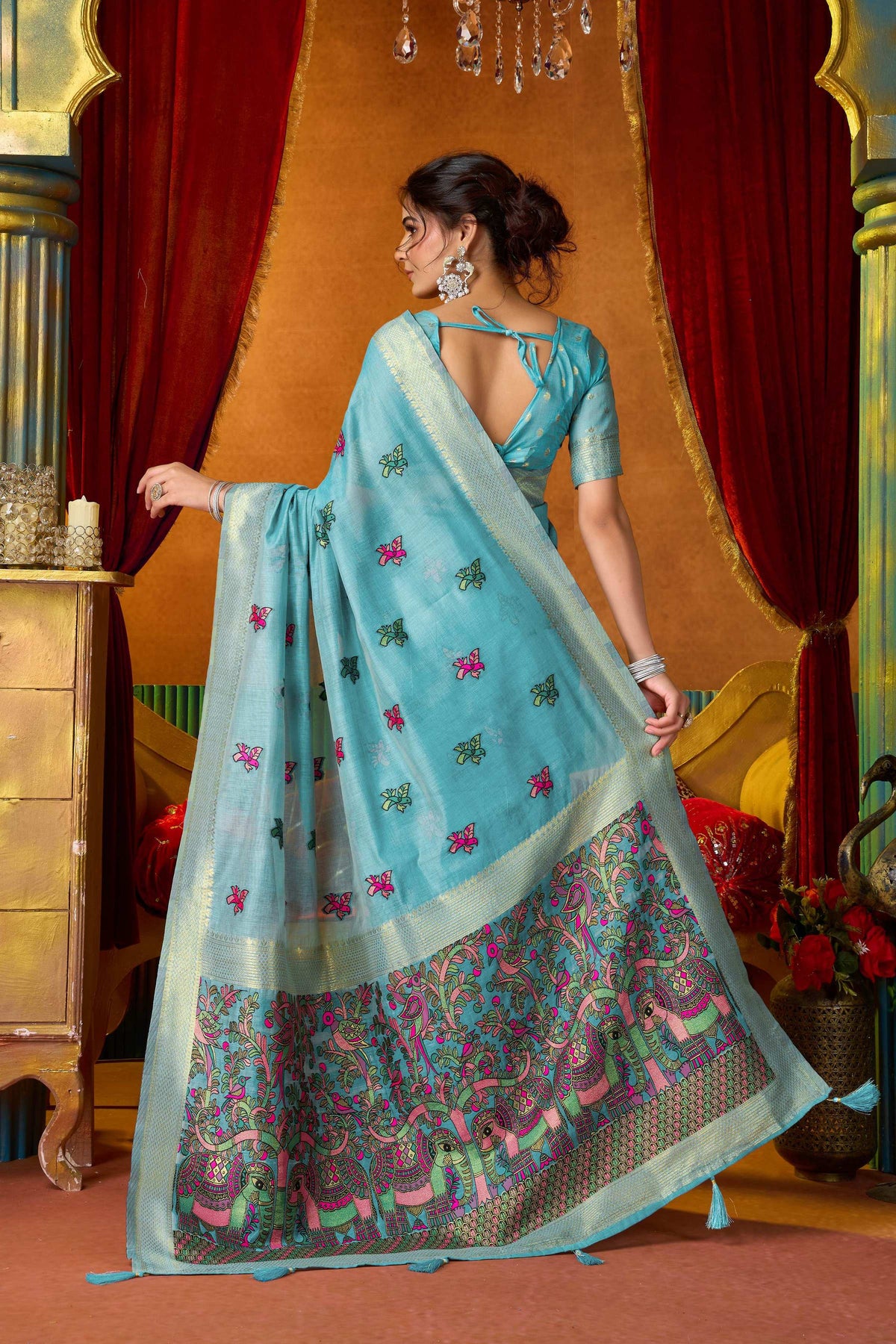 Turquoise Modal Zari Woven Saree with Unstitched Blouse Piece