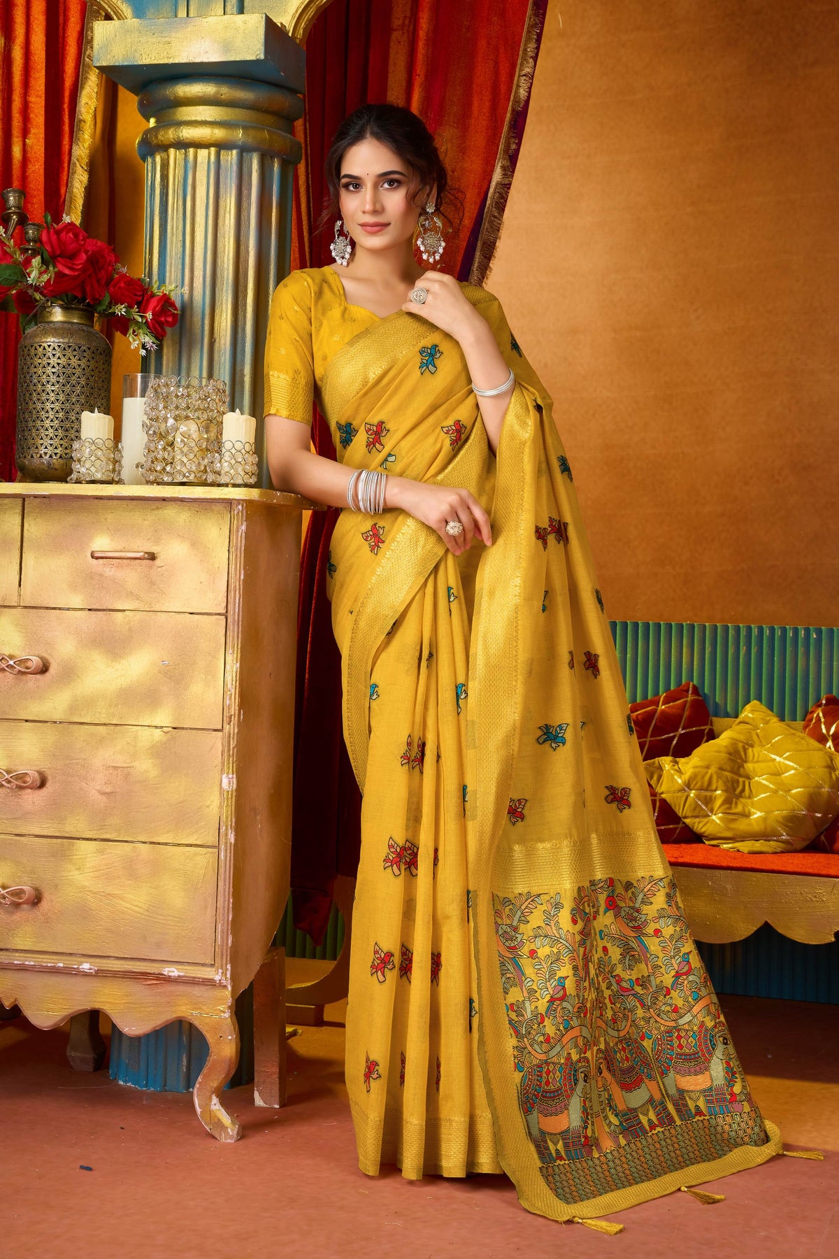 Women's Yellow Modal Zari Woven Saree with Matching Unstitched Blouse