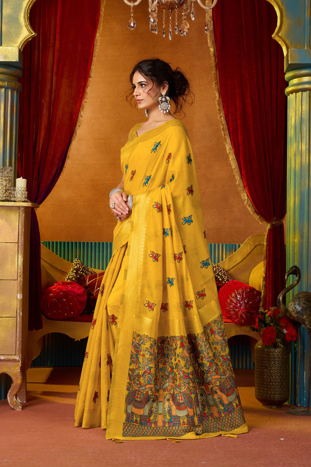 Women's Yellow Modal Zari Woven Saree with Matching Unstitched Blouse