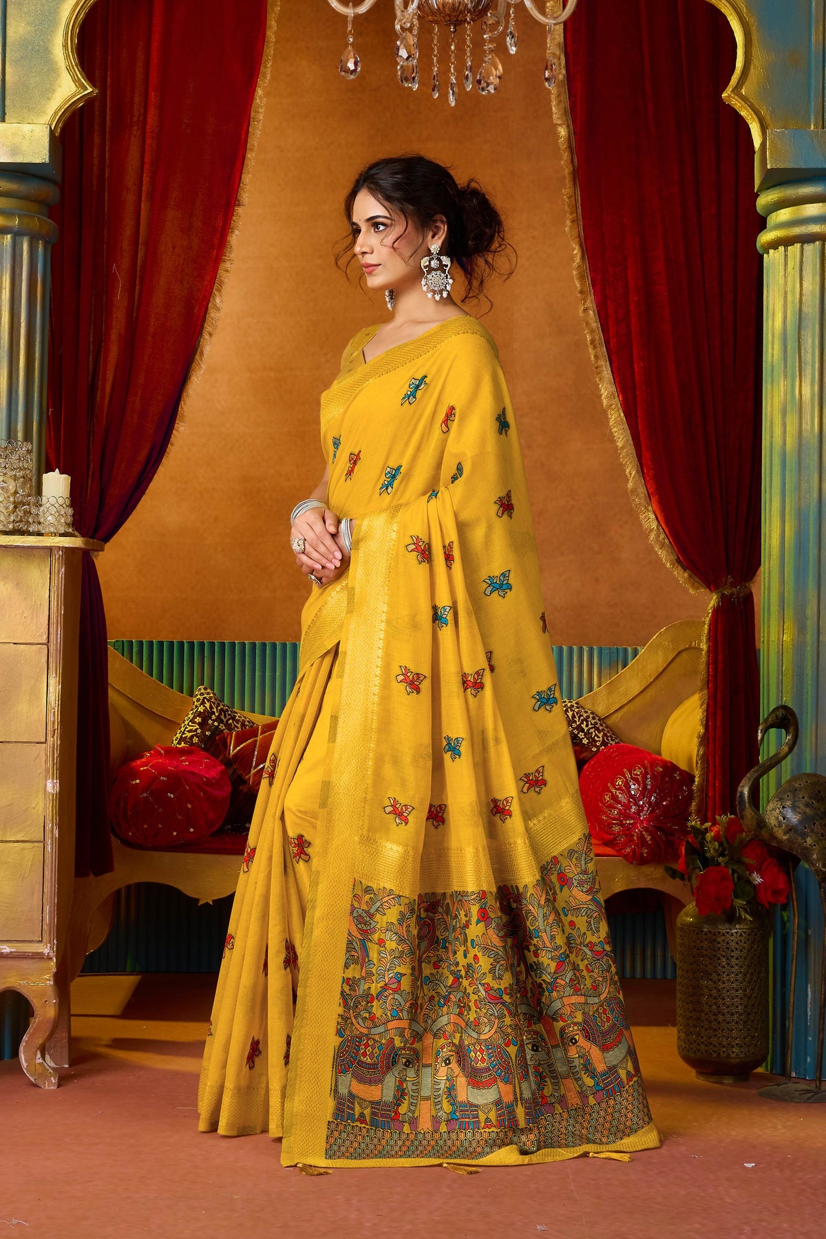 Women's Yellow Modal Zari Woven Saree with Matching Unstitched Blouse