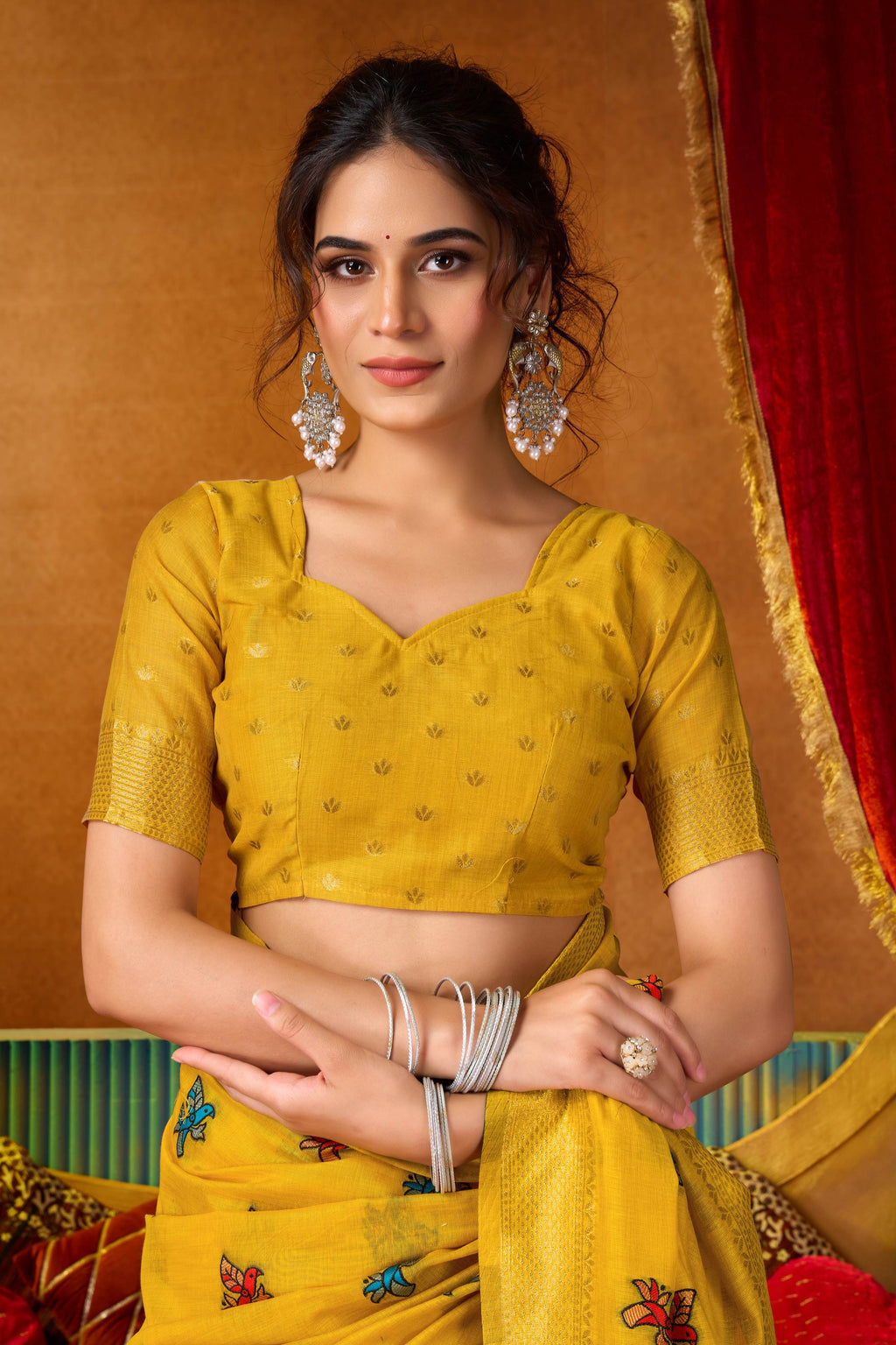 Women's Yellow Modal Zari Woven Saree with Matching Unstitched Blouse