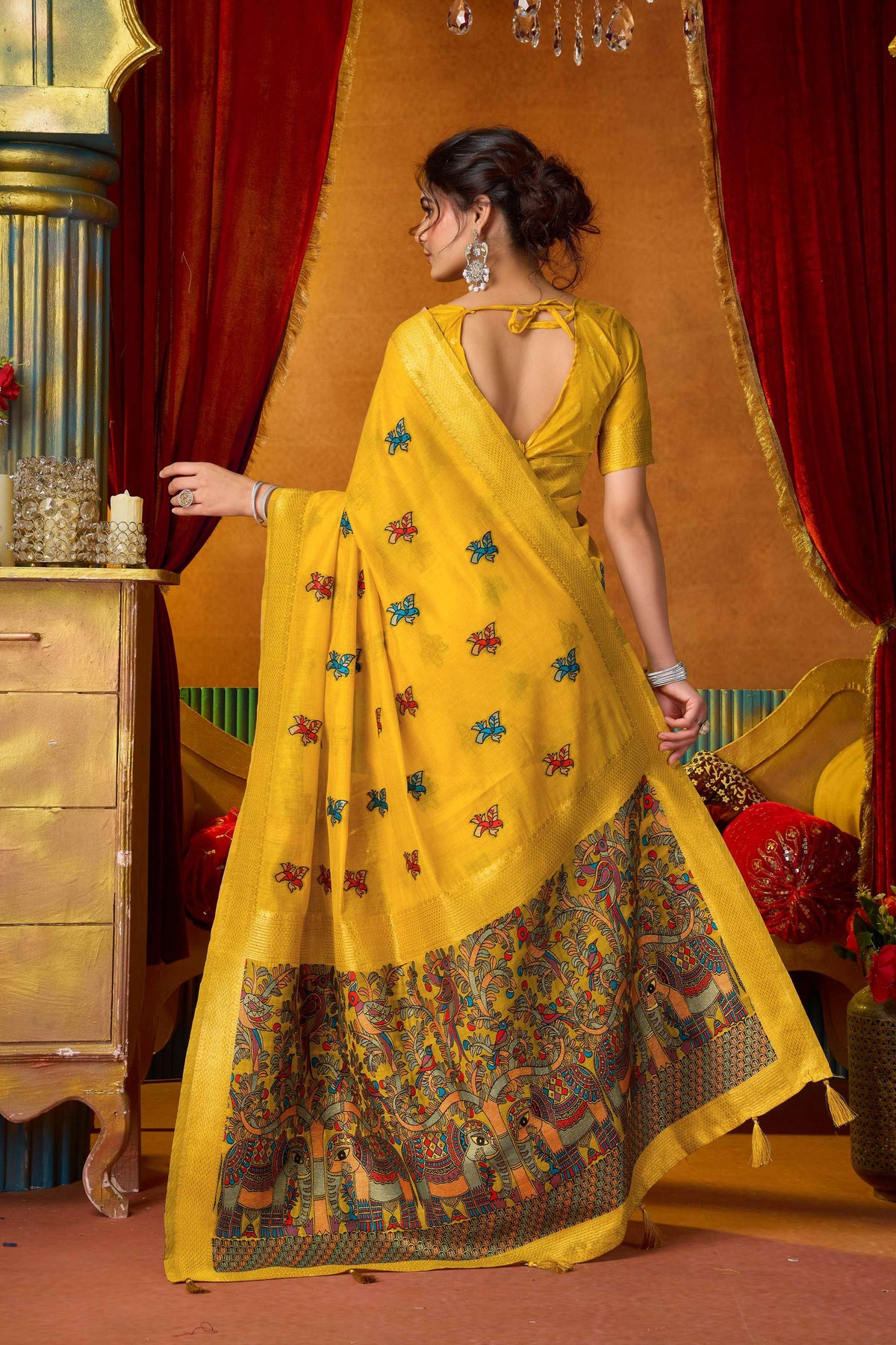 Women's Yellow Modal Zari Woven Saree with Matching Unstitched Blouse
