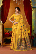 A vibrant yellow modal saree with intricate zari woven patterns and a matching blouse piece.