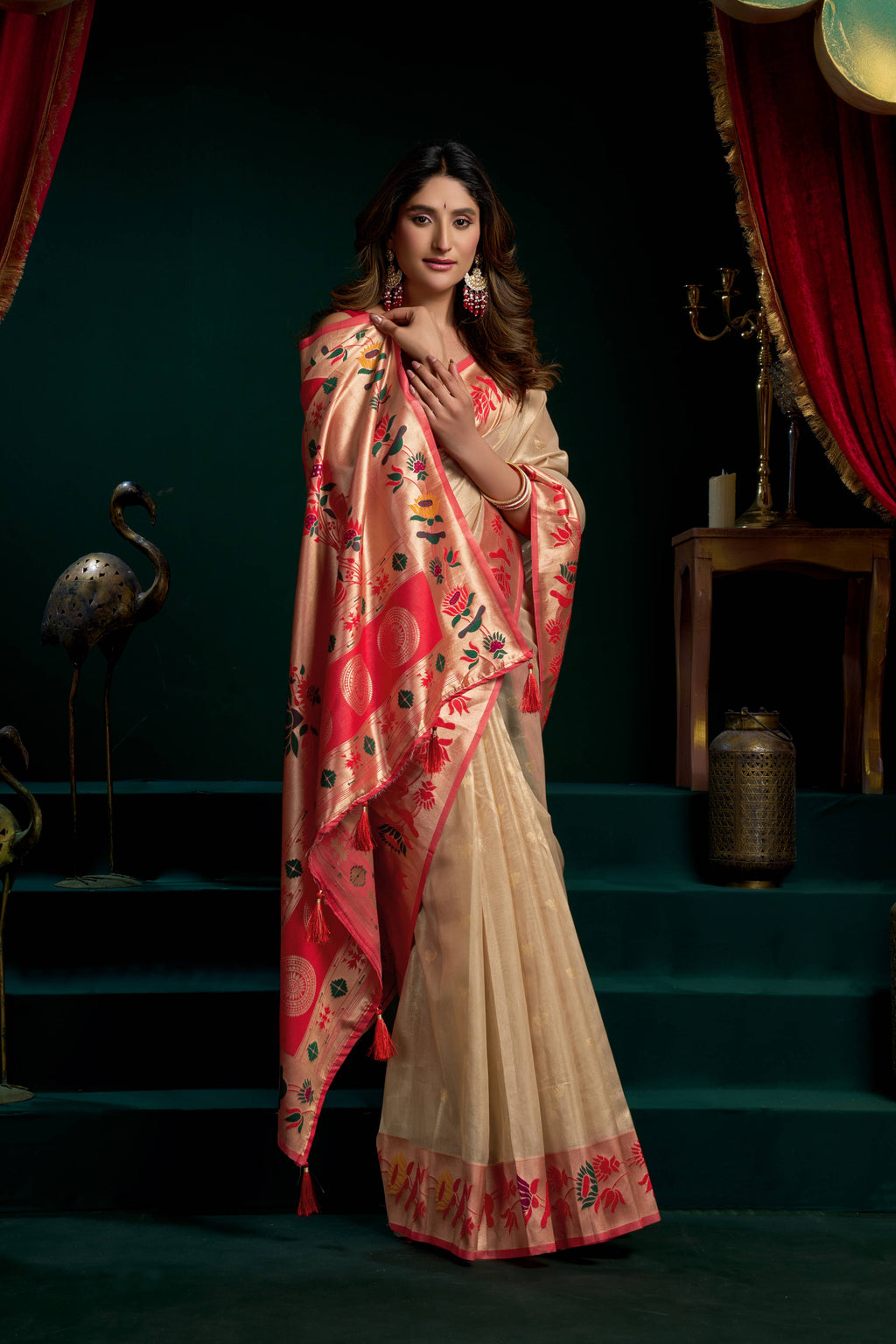 Cream Tissue Paithani Zari Woven Saree with Blouse