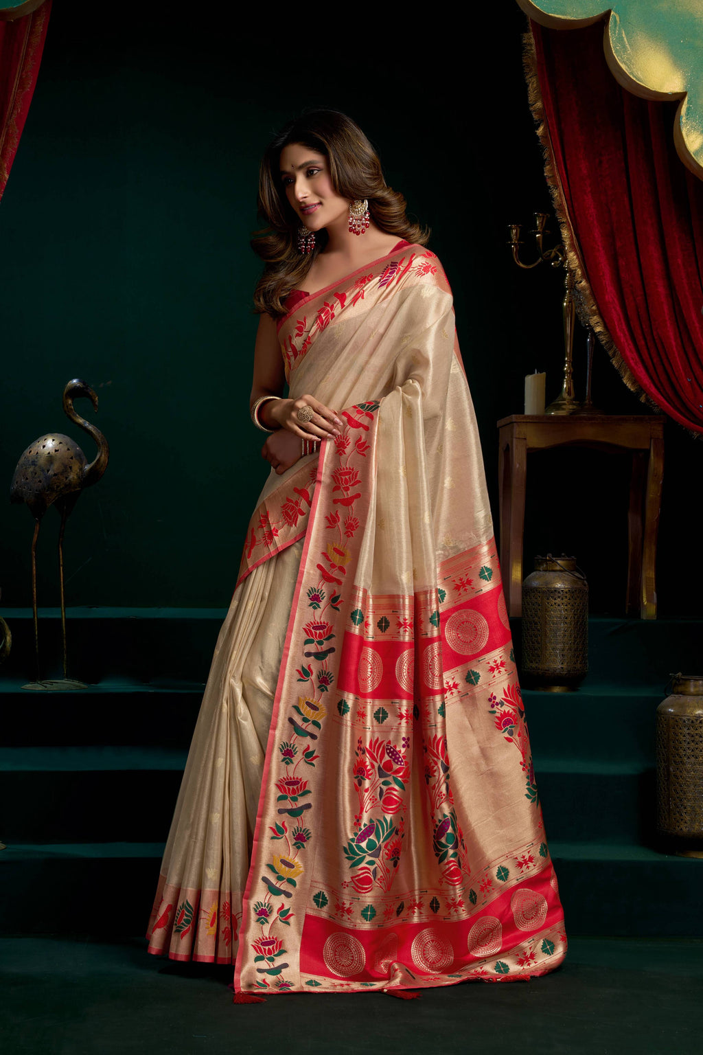 Cream Tissue Paithani Zari Woven Saree with Blouse