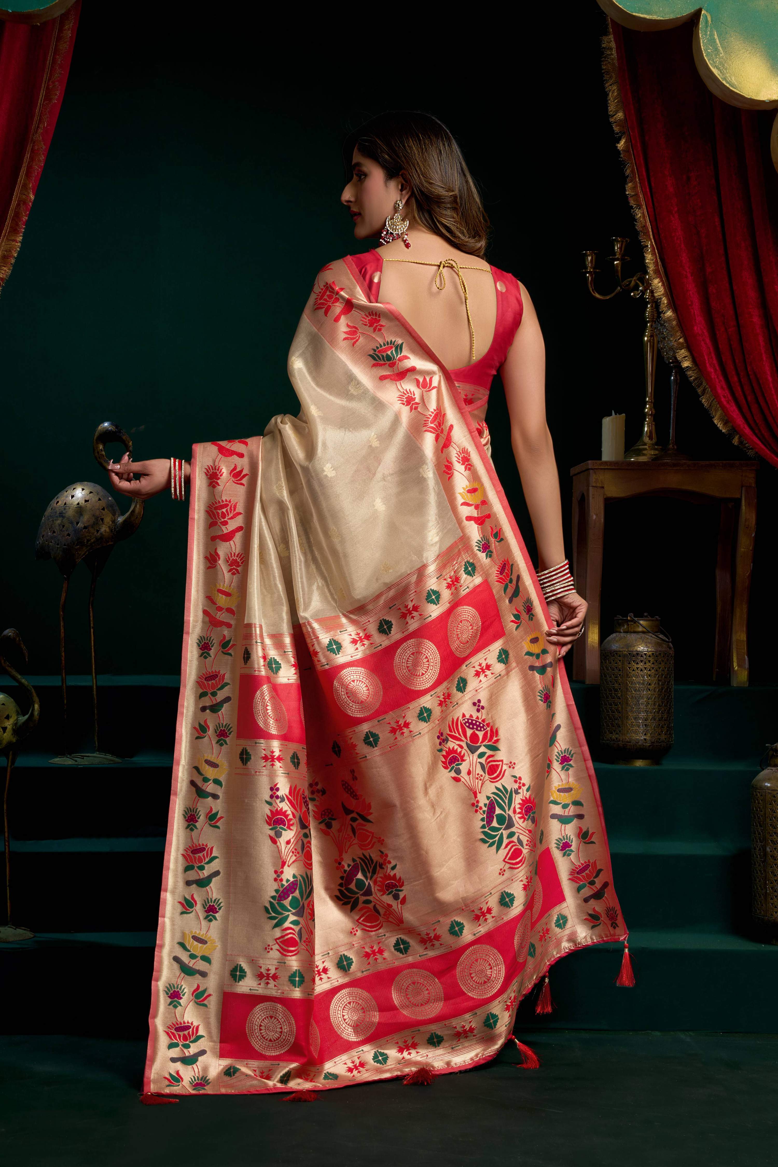 Cream Tissue Paithani Zari Woven Saree with Blouse