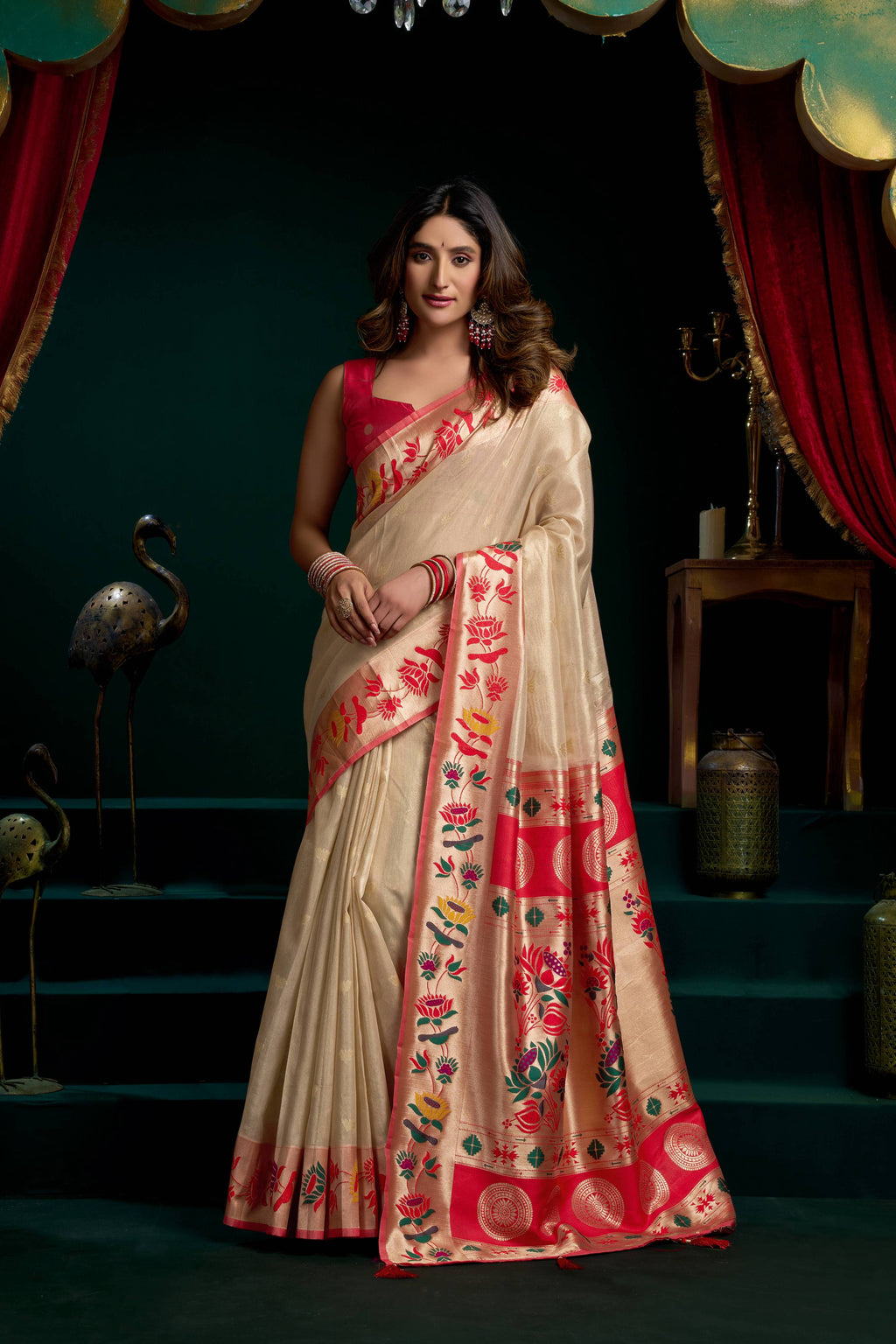 Cream tissue Paithani saree with lotus zari weaving and blouse piece