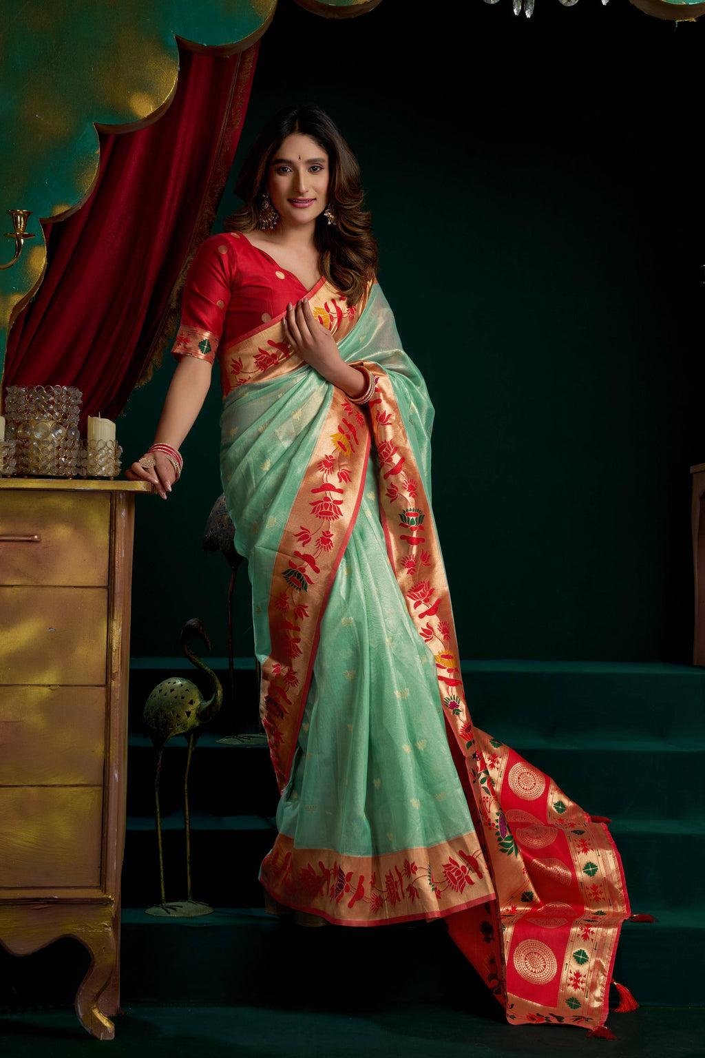 Sea Green Tissue Paithani Saree with Lotus Zari Weave