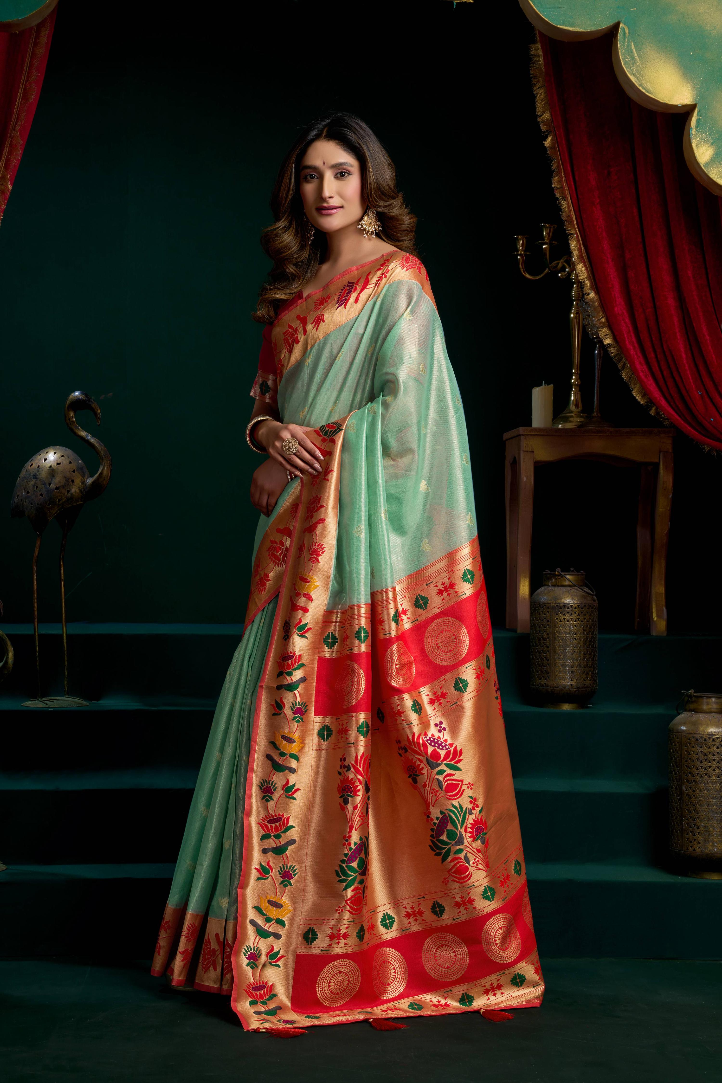 Sea Green Tissue Paithani Saree with Lotus Zari Weave