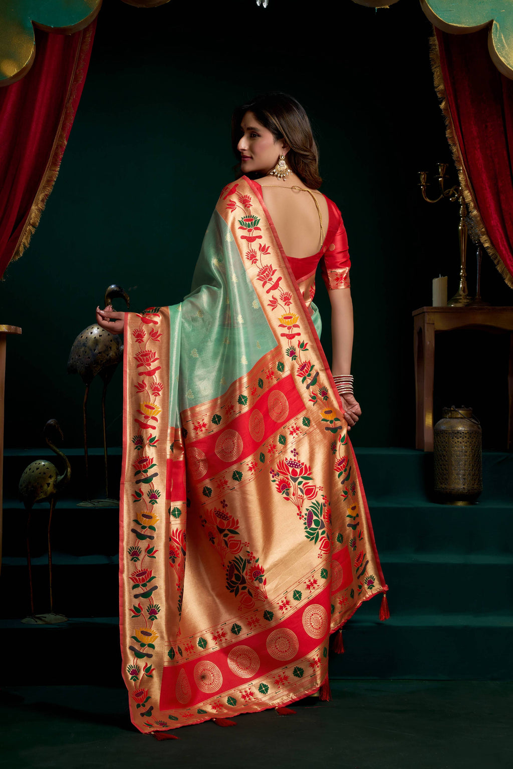 Sea Green Tissue Paithani Saree with Lotus Zari Weave