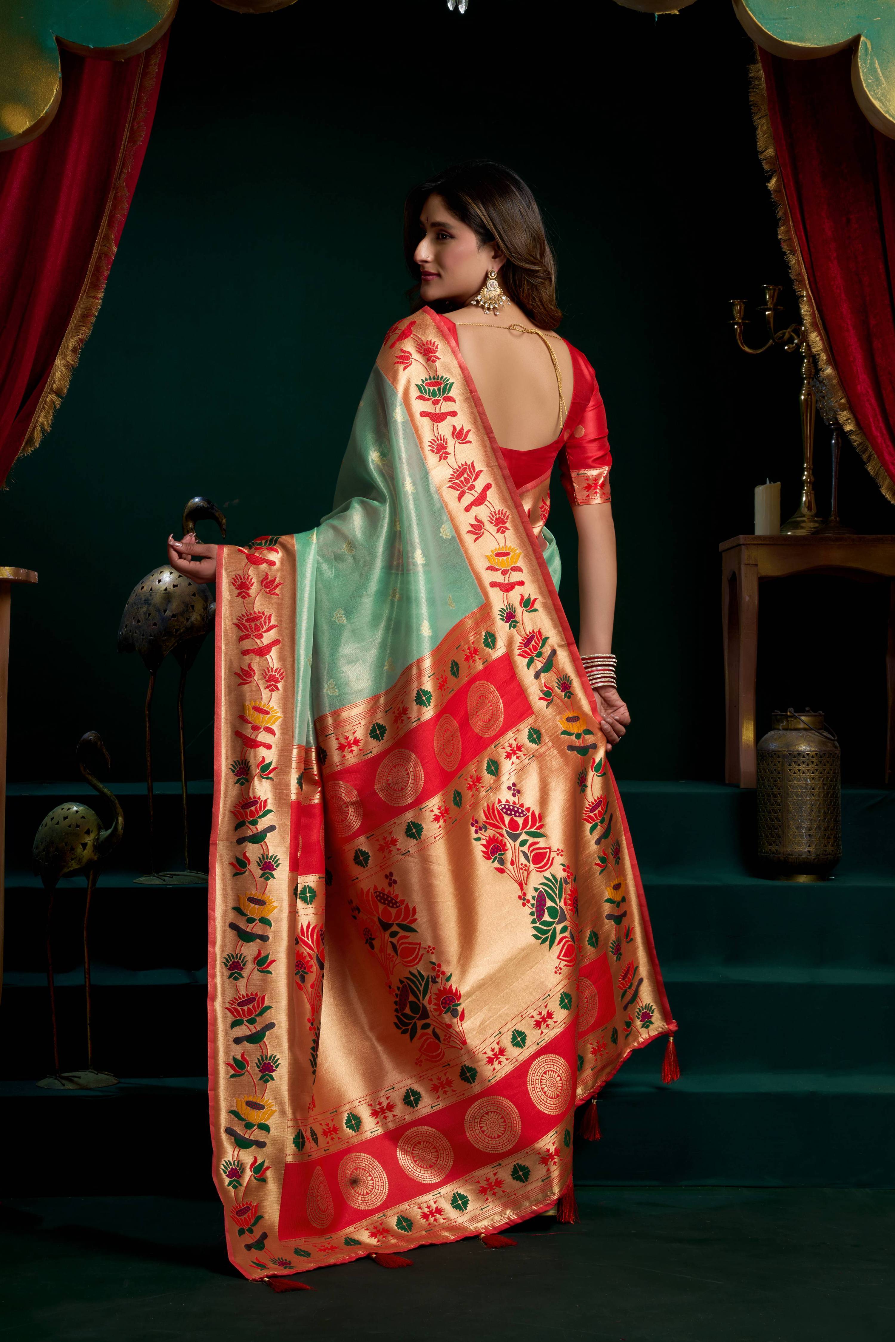 Sea Green Tissue Paithani Saree with Lotus Zari Weave