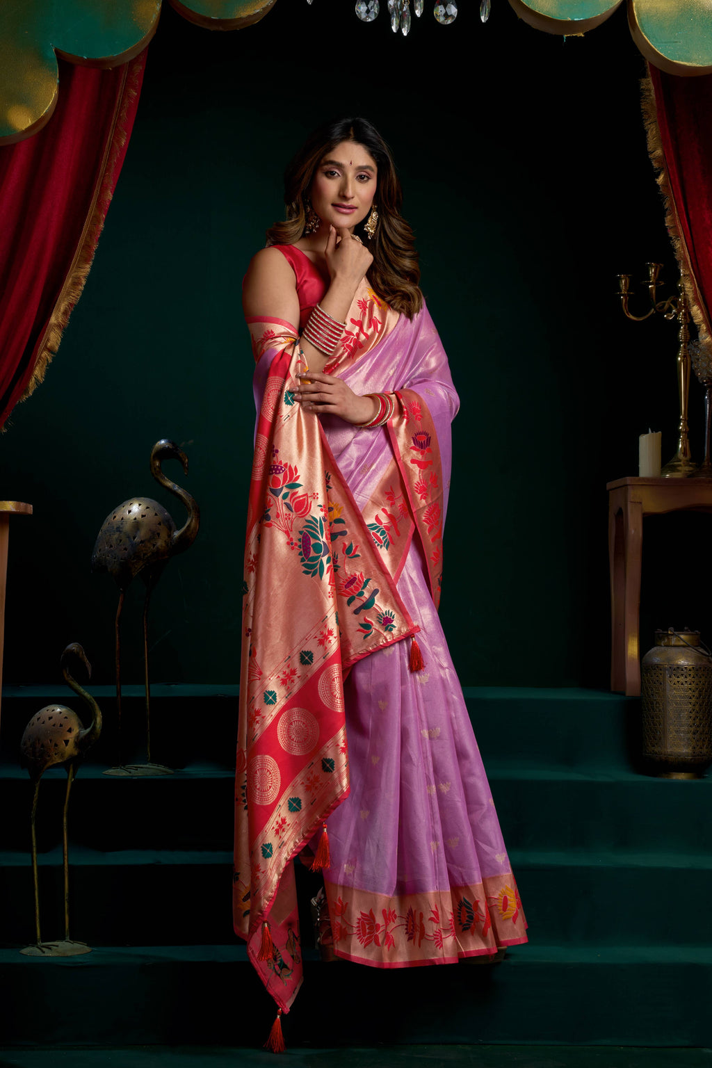 Purple Tissue Paithani Saree with Meena Lotus Zari Woven Border