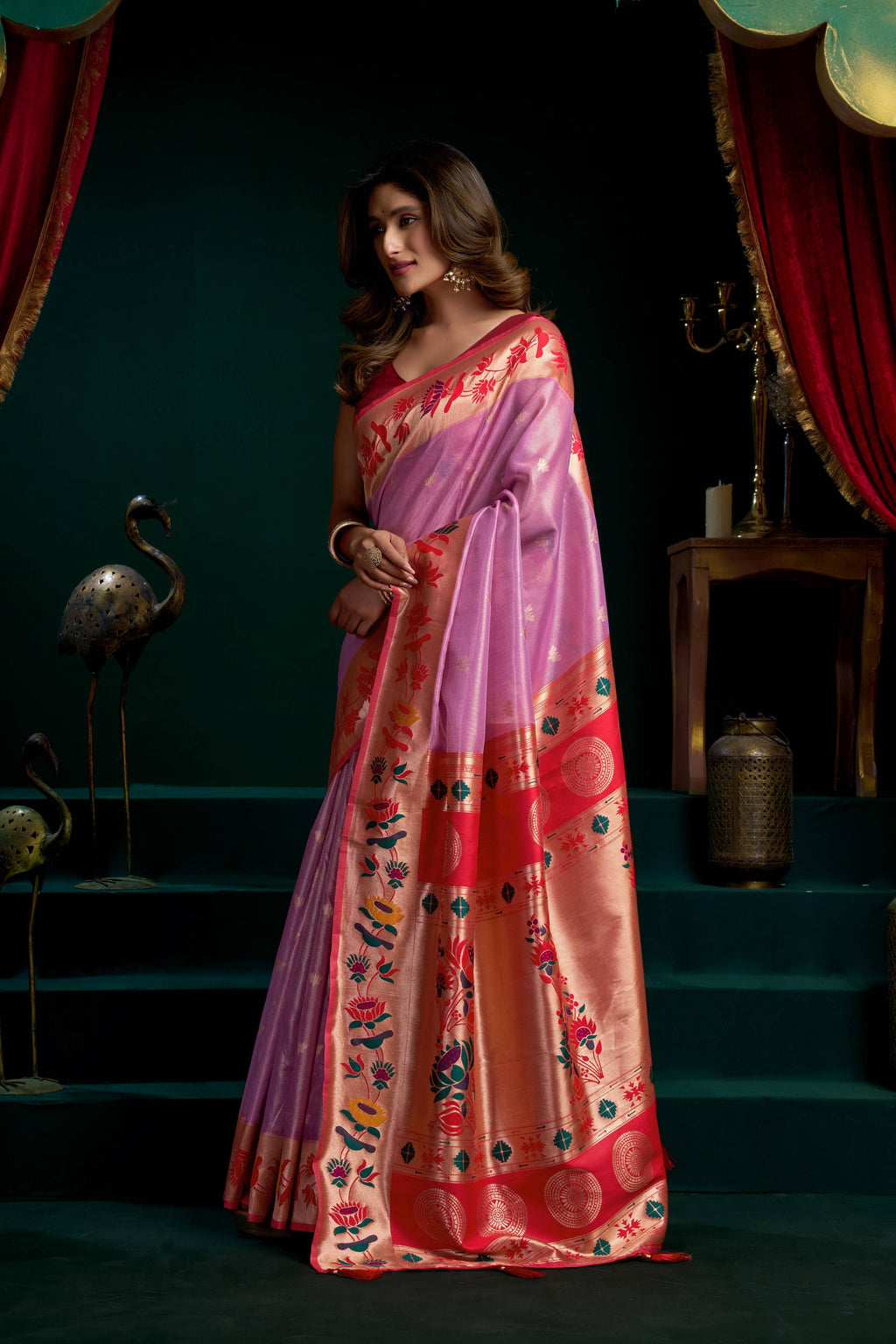 Purple Tissue Paithani Saree with Meena Lotus Zari Woven Border